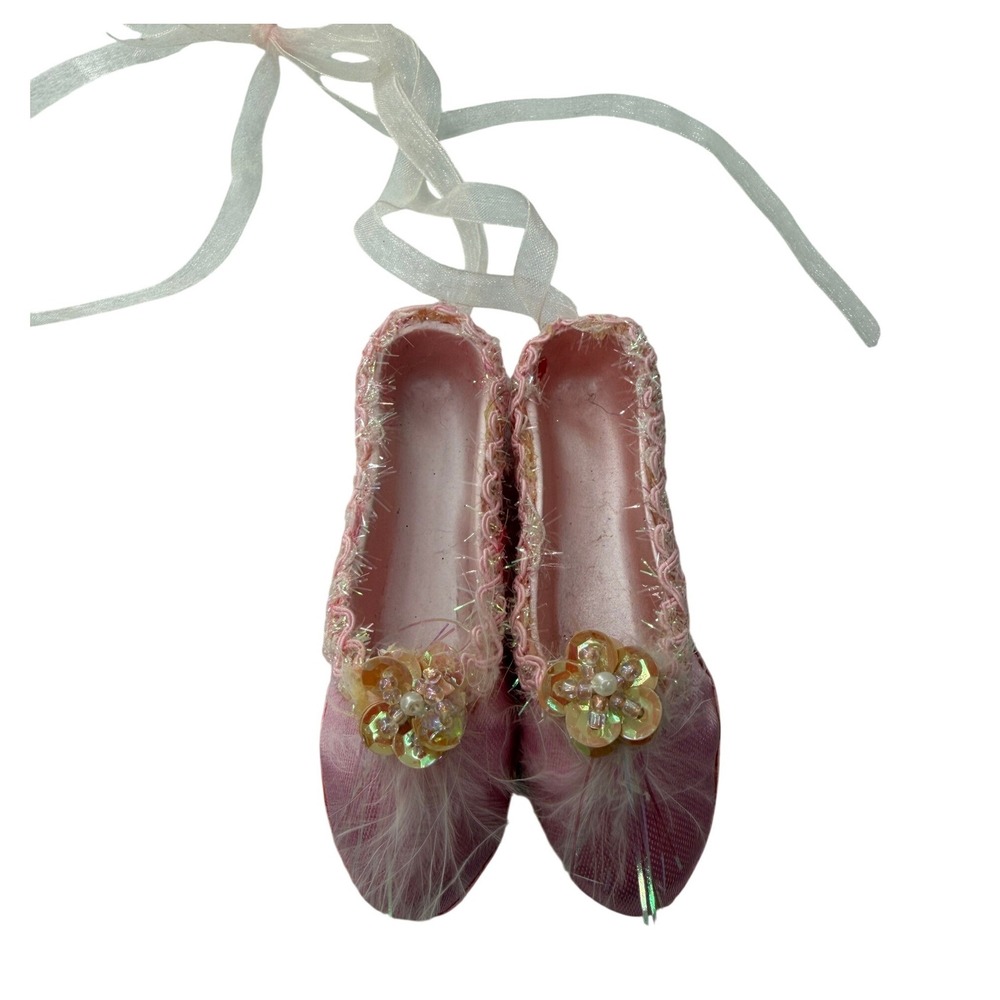 Pink Satin Ballet Slipper Christmas Ornament Sequin Flower Feather Dance Decor